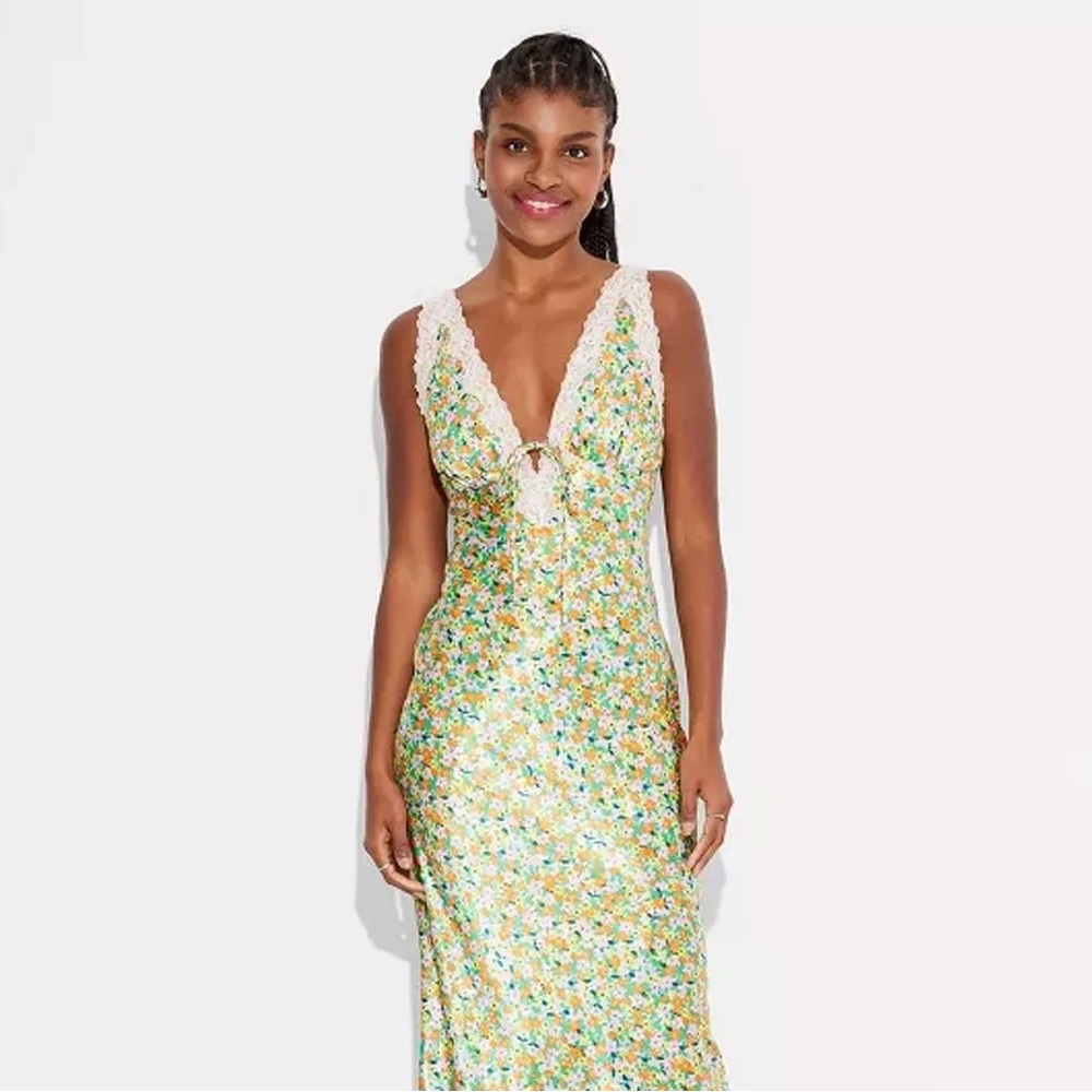 Target’s Wild Fable Satin Lace Maxi Dress with Green and Yellow Floral Print